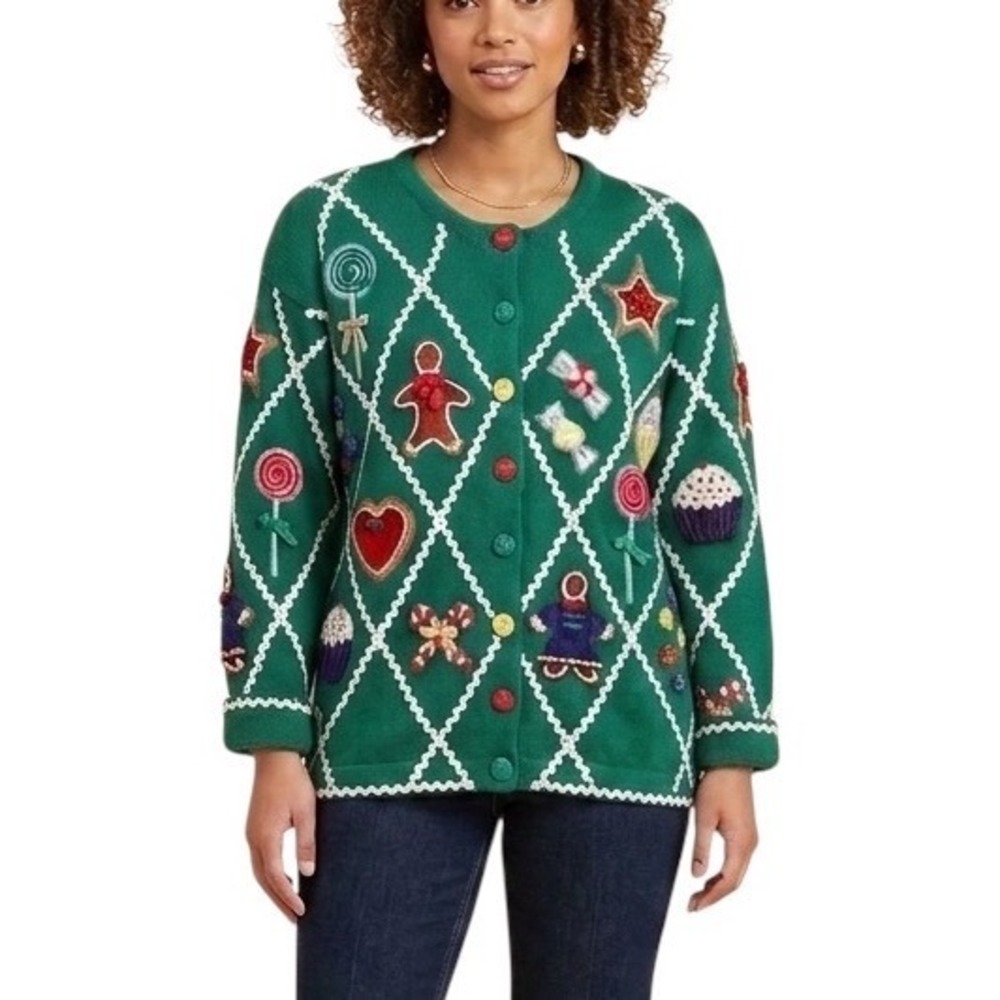 Marisa Christina II Vintage 1995 Christmas Gingerbread Sweets Cardigan Green 1X